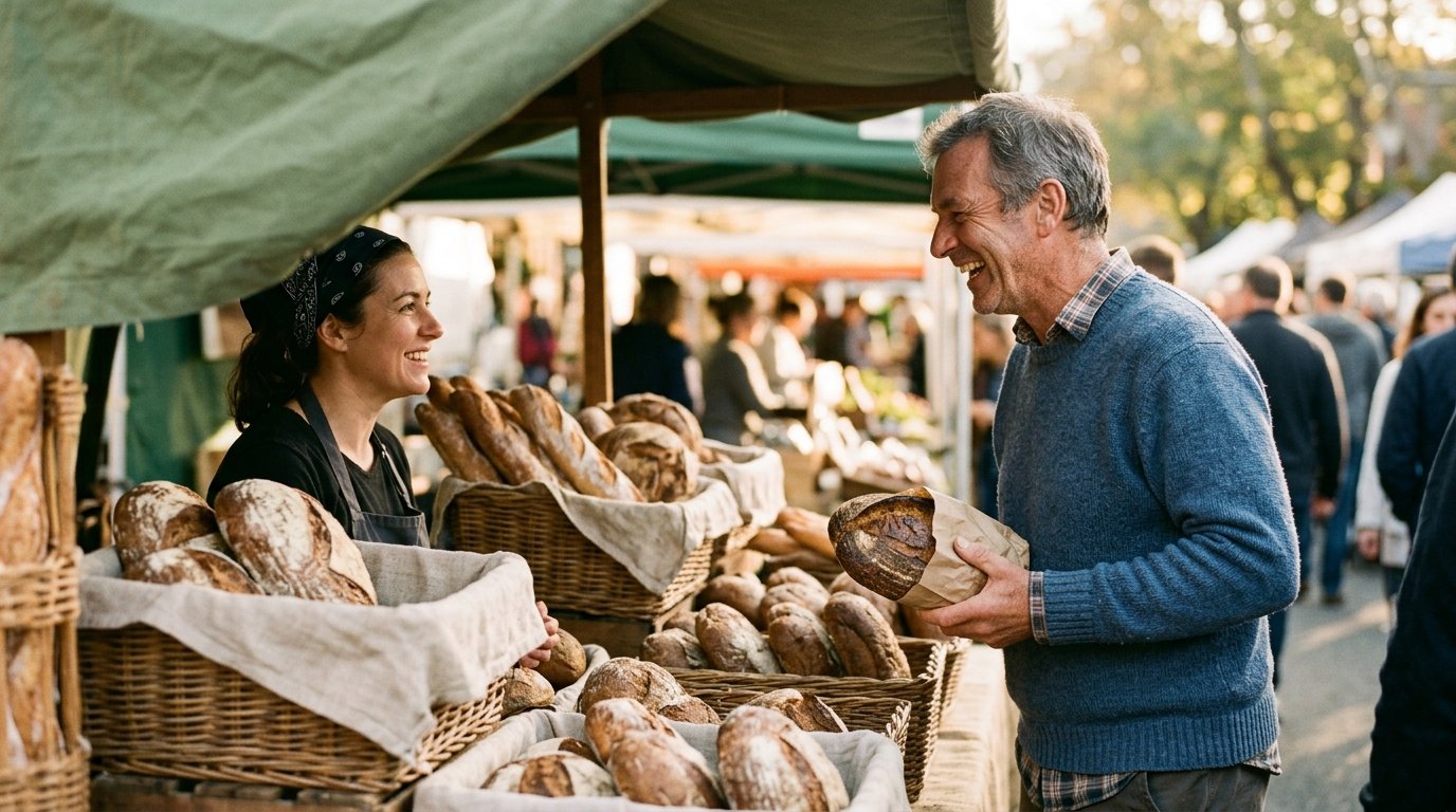 A man holding a fresh loaf and laughing with a baker at a farmers market bread stall