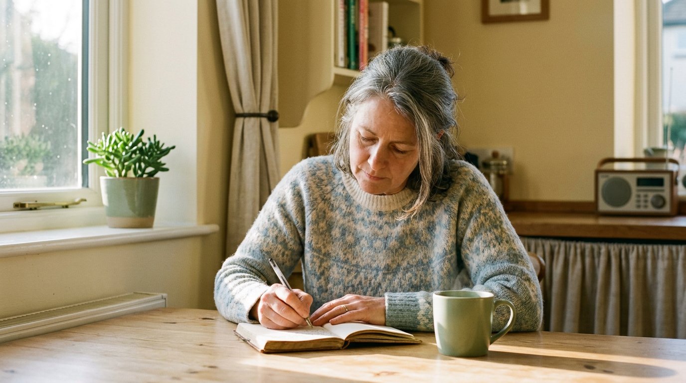 A woman writing in a notebook at a kitchen table with a green mug beside her